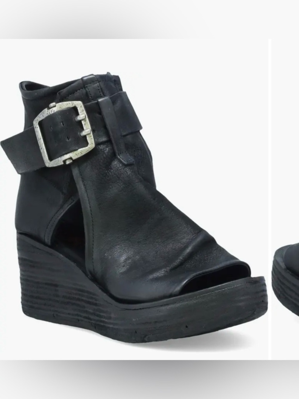 NWOB A.S.98 Naya Wedge Sandal SZ 41 US 9.5-10 Black Leather Wedge ankle Buckle